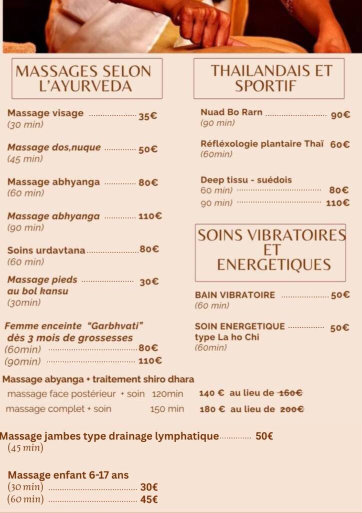 tarifs des massages et soins 